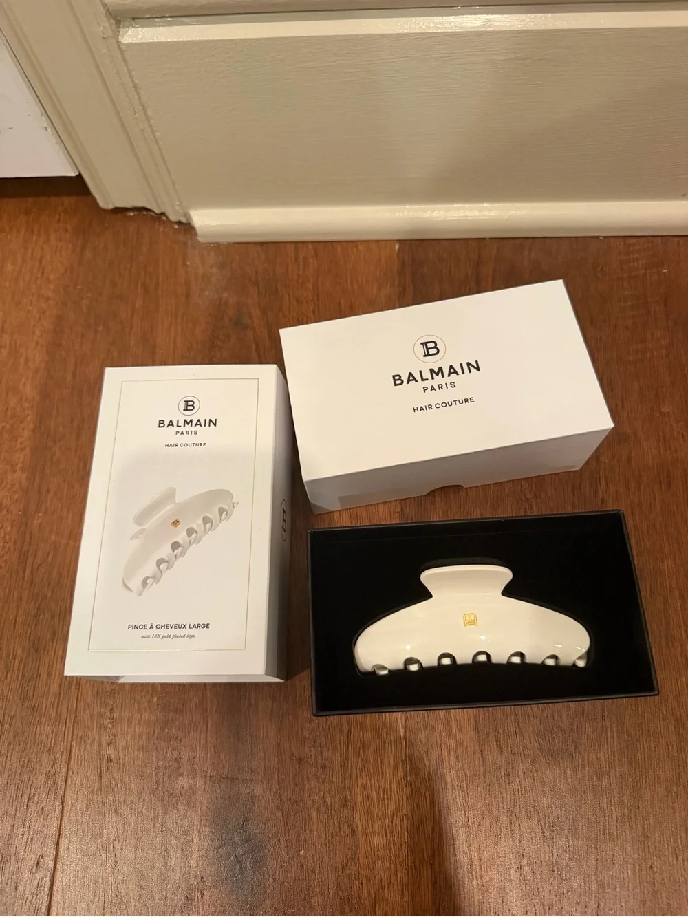 Balmain Cream Acrylic Hair Claw Clip with Gold Logo